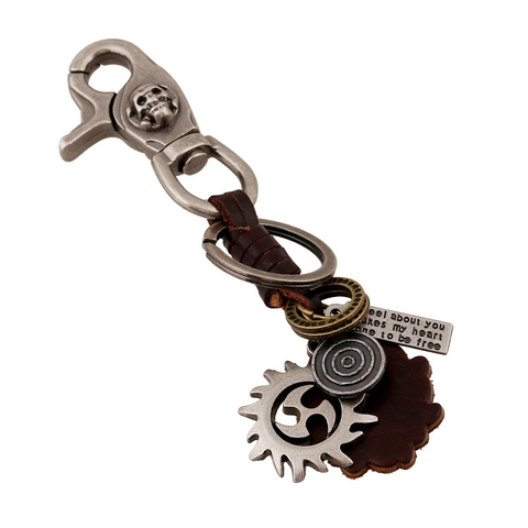 Vintage Punk Echt Lederen Sleutelhanger Voor Heren Dames Retro Gevlochten Koeienhuid Sleutelring Met Schedel Legering Tandwiel Hanger Sieraden