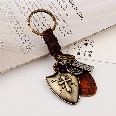 Vintage Punk Leather Keychain Antique Bronze Alloy Shield Cross Pendant Braided Cowhide Key Ring For Men Women Accessory