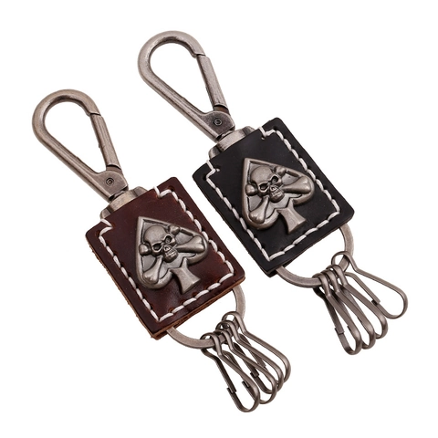 Retro Punk Echtes Leder Schlüsselanhänger Für Herren Vintage Totenkopf Pik Legierung Karabiner Schlüsselhalter Zubehör