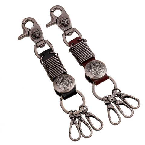 Portachiavi in Pelle di Vacchetta Punk Vintage Pendente in Lega a Forma di Teschio Capo Indiano Aquila Portachiavi Uomo