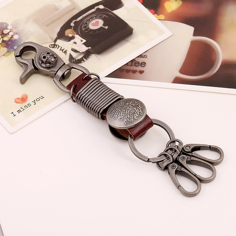 Portachiavi in Pelle di Vacchetta Punk Vintage Pendente in Lega a Forma di Teschio Capo Indiano Aquila Portachiavi Uomo