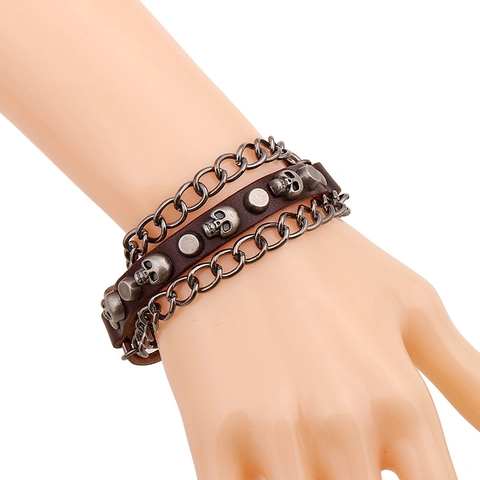 Bracciale in Pelle Retro Punk Teschio per Uomo Donna Pelle di Vacca Multistrato Catena in Lega Rivetto Rock Biker Gioielli Fatti a Mano Regalo