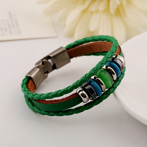 Bracciale in Pelle Intrecciata Multistrato Punk per Uomo Donna Fatto a Mano Vintage Bohemian Verde Lega Perline Gioielli