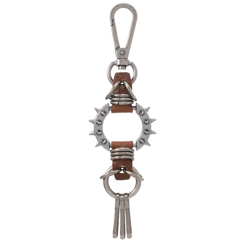Punk Rock Spike Genuine Cowhide Leather Keychain Vintage Alloy Metal Rings Backpack Pendant Unisex Hip Hop Key Ring Accessory