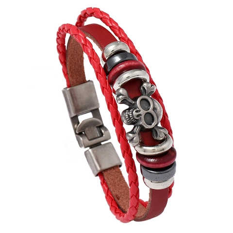 Punk Red Multi-layer Cowhide Leather Bracelet Alloy Skull Crossbone Charm Braided Cord Wrap Bangle For Men Women Rock Jewelry