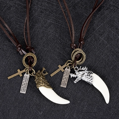 Collier Pendentif Tête de Loup et Dent de Dragon Punk Rétro pour Hommes Chaîne en Corde de Cuir Alliage Croix Bijoux