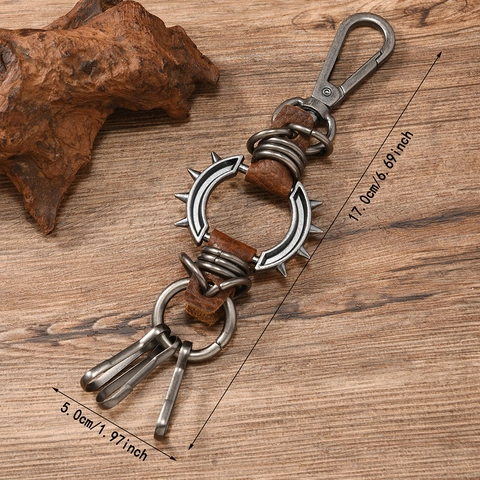 Punk Rock Spike Genuine Cowhide Leather Keychain Vintage Alloy Metal Rings Backpack Pendant Unisex Hip Hop Key Ring Accessory