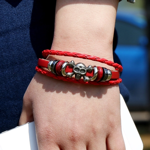 Punk Rood Meerlaags Runderleer Armband Legering Schedel Bedel Gevlochten Koord Wrap Armring Voor Mannen Vrouwen Rock Sieraden