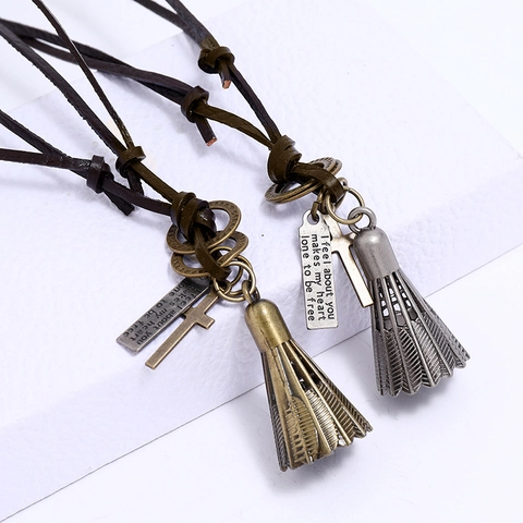 Collana con Ciondolo a Volano Punk Vintage per Uomo Cordino in Cuoio di Vacca Croce Piastra con Iscrizione Gioielli Hip Hop