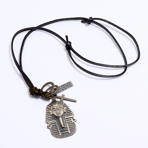 Vintage Egyptian Pharaoh Pendant Necklace For Men Alloy Cross Engraved Plate Cattle Hide Leather Cord Retro Punk Jewelry