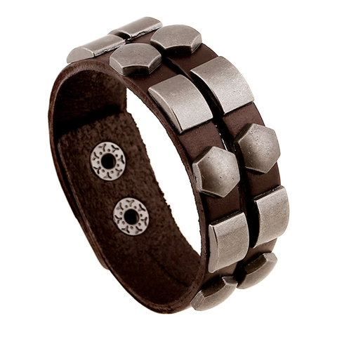 Punk Rock Niete Echtleder Armband Für Herren Retro Legierung Geometrisch Besetzt Kuhfell Armreif Handgefertigt Gothic Schmuck