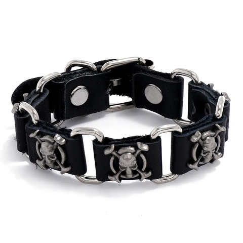 Bracciale da Uomo in Pelle Nera Punk Con Ciondoli a Forma di Teschio in Lega Argento Gioielli Rock Gotico Regolabile