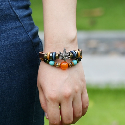 Vintage Men's Multilayer Leather Braided Bracelet Handmade Wood Bead Artificial Stone Leaf Pendant Punk Ethnic Wristband