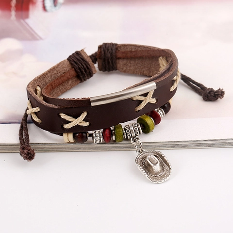 Pulsera de Cuentas de Cuero de Vaca Multicapa Vintage para Unisex Colgante de Sombrero de Vaquero Aleación Tejido a Mano Joyería Punk Western