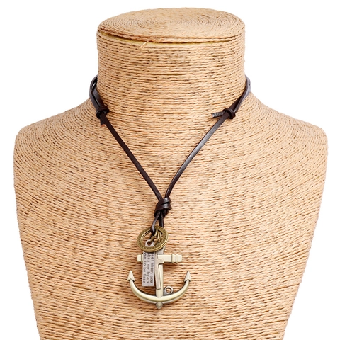 Collana con Pendentia Ancoraggio e Croce Vintage in Pelle e Lega Cordino Regolabile Marrone Scuro Gioielli da Uomo