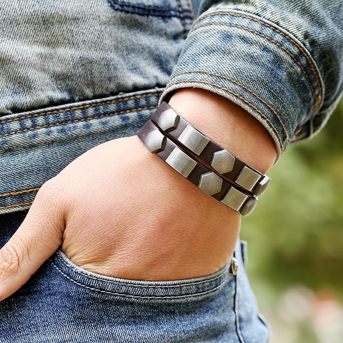 Punk Rock Niete Echtleder Armband Für Herren Retro Legierung Geometrisch Besetzt Kuhfell Armreif Handgefertigt Gothic Schmuck
