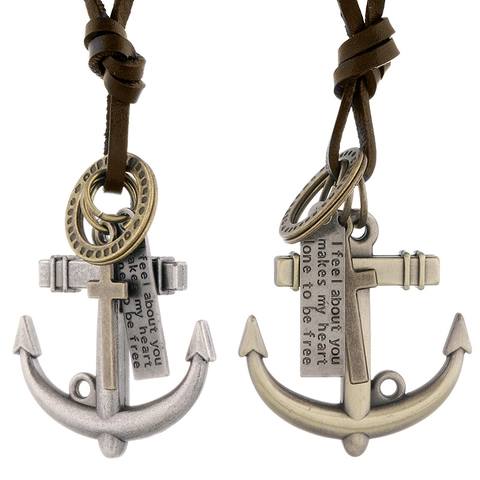 Collana con Pendentia Ancoraggio e Croce Vintage in Pelle e Lega Cordino Regolabile Marrone Scuro Gioielli da Uomo