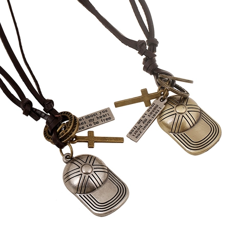 Collier en Cuir de Vachette Punk Vintage Avec Pendentif Croix et Casquette de Baseball en Alliage Chaîne de Corde Réglable Bijoux
