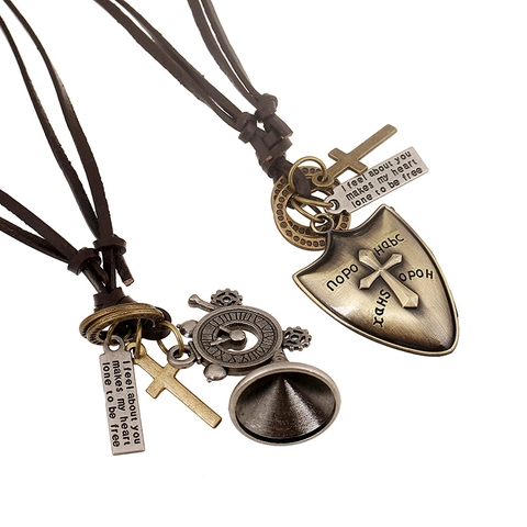 Vintage Punk Rock Men's Alloy Cowhide Leather Pendant Necklace Retro Shield Cross Trumpet Charm Long Necklace Jewelry Gift