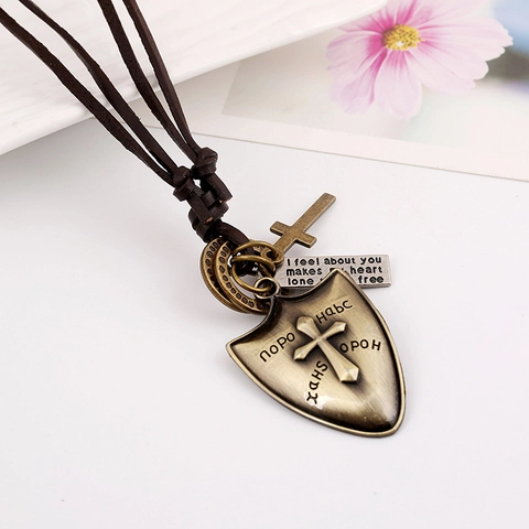 Vintage Punk Rock Men's Alloy Cowhide Leather Pendant Necklace Retro Shield Cross Trumpet Charm Long Necklace Jewelry Gift