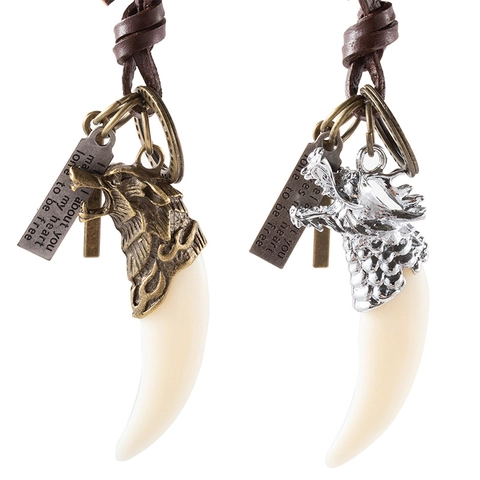 Collier Pendentif Tête de Loup et Dent de Dragon Punk Rétro pour Hommes Chaîne en Corde de Cuir Alliage Croix Bijoux