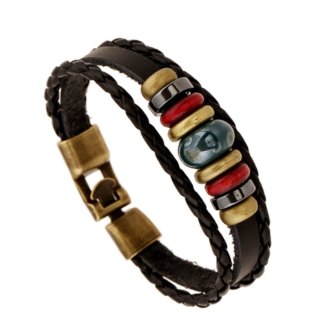 Bracciale Multistrato in Pelle con Perline Vintage per Donna Gioielli in Stile Etnico Bohemien Fatti a Mano con Perline di Ceramica e Fermaglio in Lega