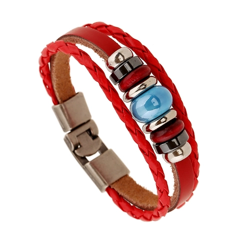 Pulsera Vintage Punk De Varias Capas De Cuero De Vaca Rojo Hecha A Mano De Aleación Ajustable Joyería De Cuero Para Hombres Mujeres