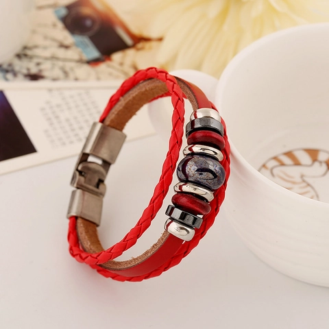 Pulsera de Cuero de Vaca Trenzada de Varias Capas Hecha a Mano Punk Retro Colgante de Aleación Abalorio de Cerámica Joyería Unisex