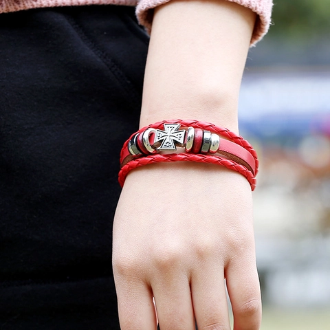 Vintage Punk Mehrlagiges Geflochtenes Rotes Lederarmband Für Damen Herren Handgefertigt Legierung Kreuz Anhänger Wickelarmband Schmuck