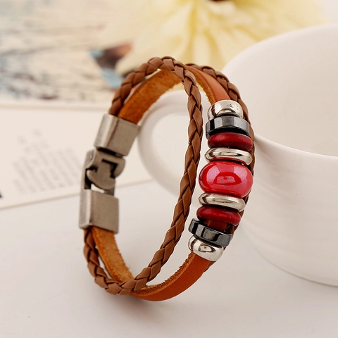 Pulsera Trenzada de Cuero Multicapa Vintage para Hombre Mujer Pulsera Punk de Cuero de Vaca Con Amuletos de Metal Joyería Artesanal