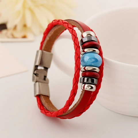 Pulsera Vintage Punk De Varias Capas De Cuero De Vaca Rojo Hecha A Mano De Aleación Ajustable Joyería De Cuero Para Hombres Mujeres