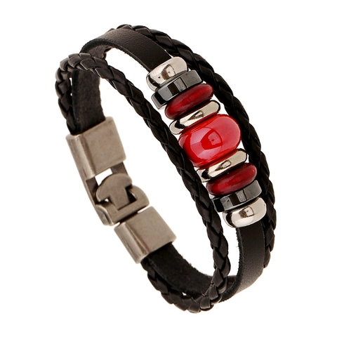 Bracciale in Pelle di Vacchetta Primo Strato Multistrato Fatto a Mano per Uomo Donna Punk Retro Perline in Lega Intrecciate