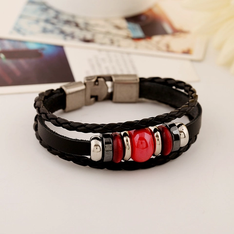 Bracciale in Pelle di Vacchetta Primo Strato Multistrato Fatto a Mano per Uomo Donna Punk Retro Perline in Lega Intrecciate