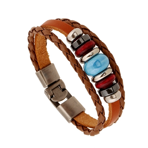 Bracciale Multistrato Intrecciato a Mano in Pelle Bovina Punk Vintage per Uomo Donna Con Perla in Ceramica Blu Gioielli Retro