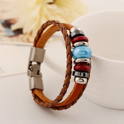 Bracciale Multistrato Intrecciato a Mano in Pelle Bovina Punk Vintage per Uomo Donna Con Perla in Ceramica Blu Gioielli Retro