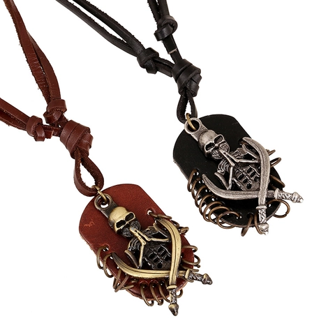 Collana da Uomo Vintage Punk Rock in Lega con Ciondolo a Teschio e Spade Incrociate in Vera Pelle Cordino Regolabile Gioielli Regalo