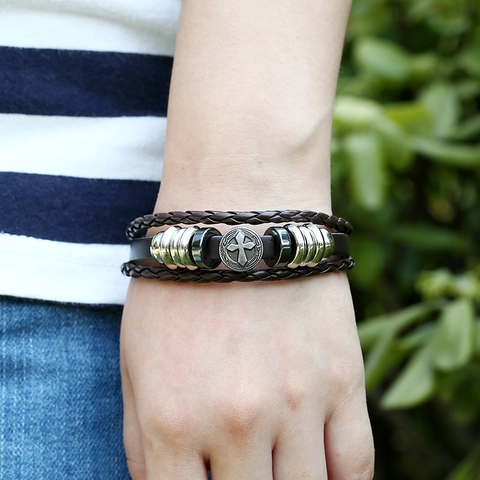 Retro Herren Lederarmband Mehrlagig Geflochten Kreuz Legierung Charm Punk Gewebtes Armband Handgefertigt Herren Schmuck Geschenk