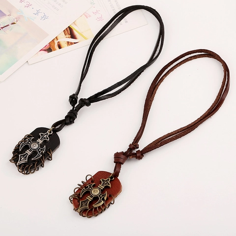 Vintage Punk Cross Pendant Necklace For Men Retro Cowhide Leather Alloy Gothic Jewelry Adjustable Rope Chain Gift
