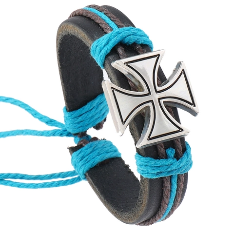 Braccialetto in Pelle Intrecciata Fatto a Mano Vintage per Uomo Retro Punk Lega Croce Fascino Cordino Regolabile Bracciale in Pelle Gioielli Moda Regalo