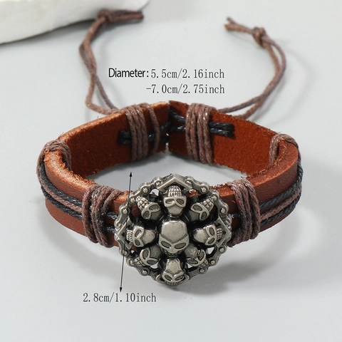 Pulsera de Cuero de Vaca Multicapa Retro Punk para Hombre Mujer Pulsera Envolvente de Calavera de Aleación Hecha a Mano Joyería
