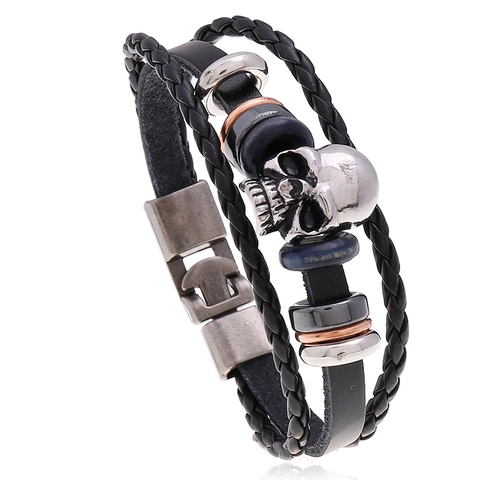 Vintage Herren Mehrlagiges Rindsleder Armband Legierung Totenkopf Anhänger Holzperlen Handgefertigt Punk Rock Schmuck