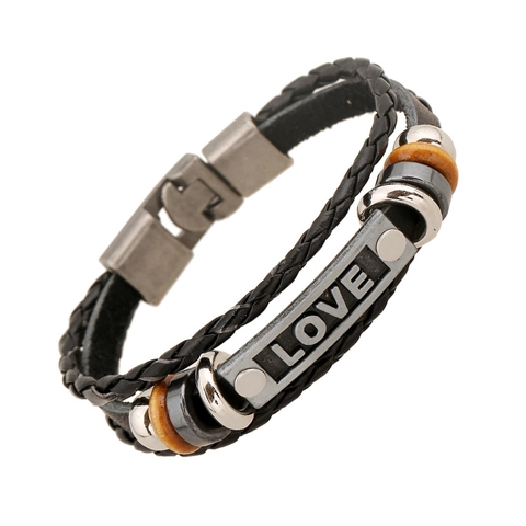 Bracciale in Vera Pelle di Vacchetta Intrecciata Multistrato Punk Uomo Donna Piastra Metallica Love Perlina in Legno Gioielli Retrò
