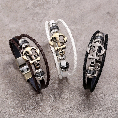 Vintage Multi-layer Braided Leather Anchor Bracelet For Men Women Nautical Style Retro Alloy Wrap Wristband Jewelry