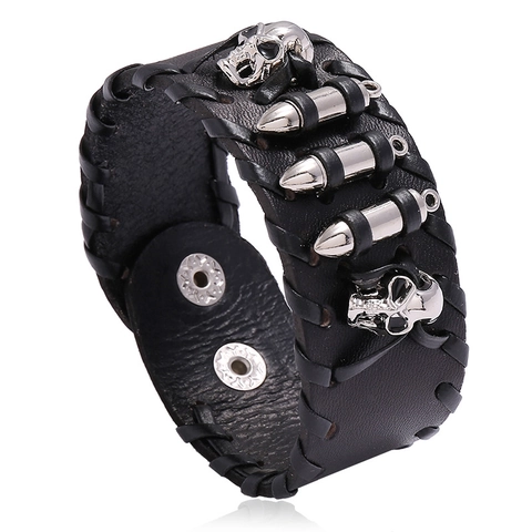 Punk Cowhide Leather Bracelet Alloy Skull Bullet Studs Woven Wide Wristband Gothic Biker Style For Men And Women