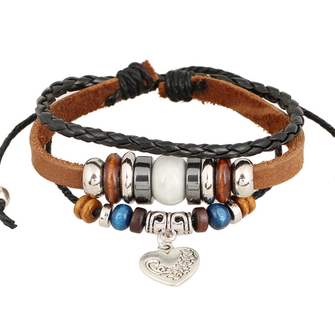 Vintage Meerlagig Runderleer Armband Legering Hart Hanger Houten Kralen Etnisch Punk Verstelbare Wikkelarmband Voor Dames Heren
