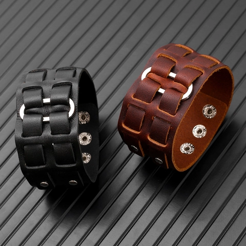 Punk Rock Echtleder Armband Für Damen Herren Breit Verstellbar Rindsleder Manschette Mit Metallringen Retro Hip Hop Schmuck