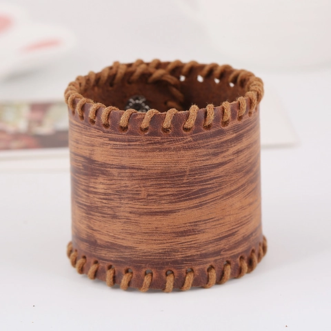 Bracciale in Pelle di Vacchetta Larga Vintage Punk per Uomo Donna Polsino Regolabile con Bottone a Pressione in Metallo Gioielli