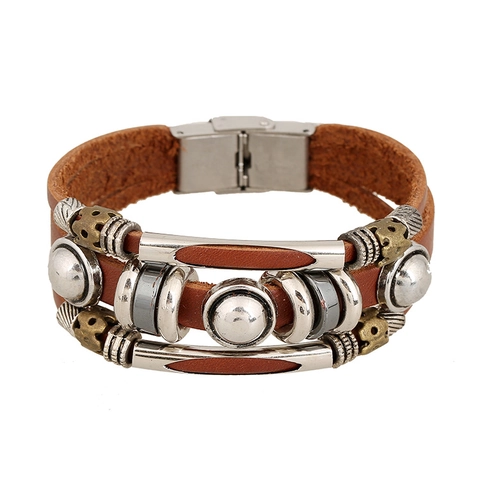 Punk Vintage Multilayer Cowhide Leather Bracelet For Men Alloy Beads Hand-made Bohemian Retro Wristband Jewelry Gift