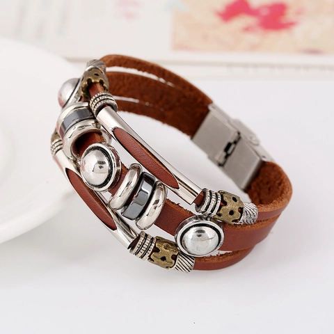 Punk Vintage Multilayer Cowhide Leather Bracelet For Men Alloy Beads Hand-made Bohemian Retro Wristband Jewelry Gift