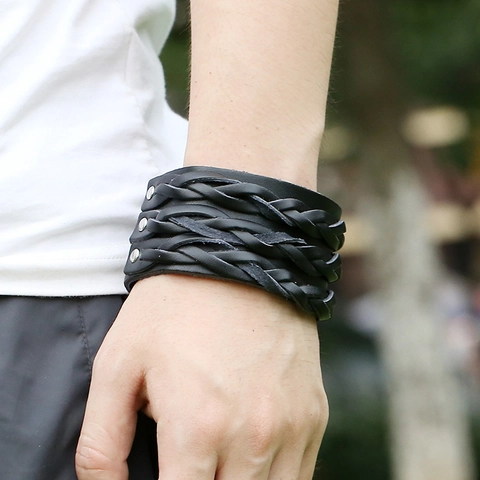 Bracciale in Pelle Intrecciata Larga Punk Bracciale in Pelle di Vacchetta Primo Strato Fatto a Mano Vintage Con Bottone per Uomo Donna